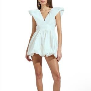 White V-Neck Puff Sleeve Dress